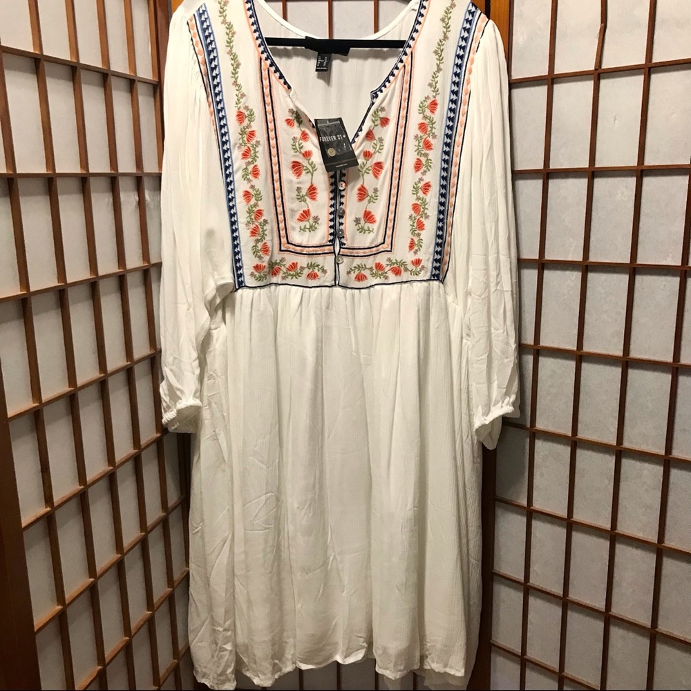 Forever 21 White Embroidered Peasant Dress